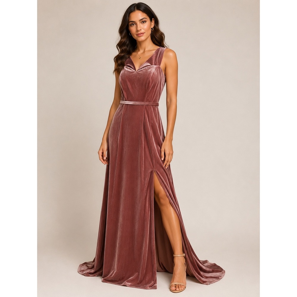 Cocomelody Dusty Rose Velvet Maxi Gown V-Neck High Slit Formal Dress Mauve